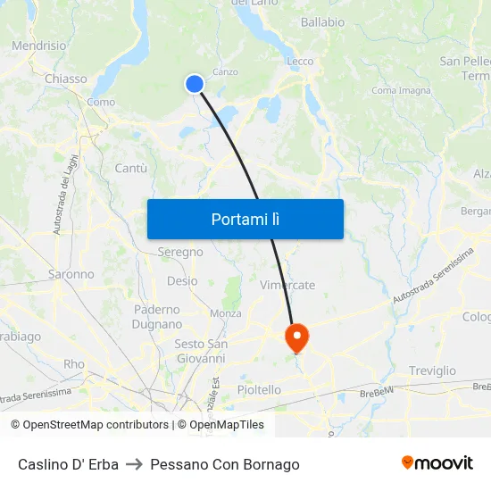 Caslino D' Erba to Pessano Con Bornago map