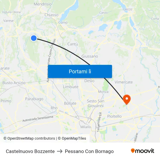 Castelnuovo Bozzente to Pessano Con Bornago map