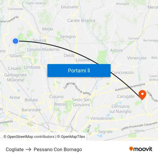 Cogliate to Pessano Con Bornago map