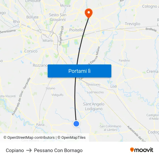 Copiano to Pessano Con Bornago map