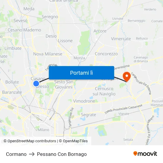 Cormano to Pessano Con Bornago map