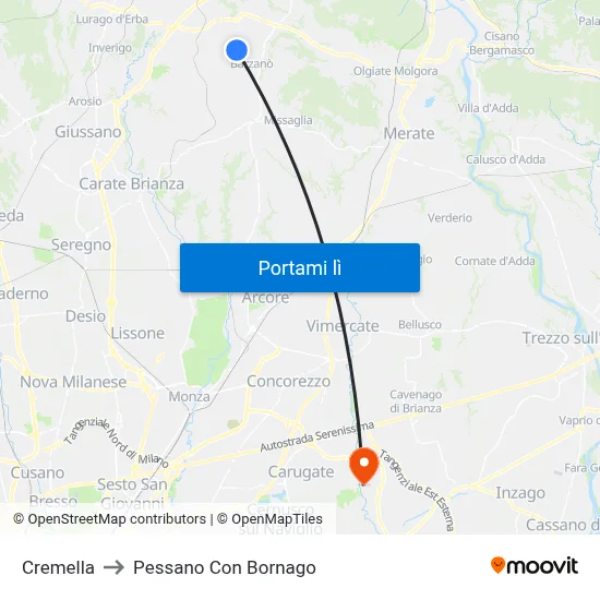 Cremella to Pessano Con Bornago map
