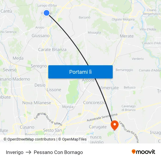 Inverigo to Pessano Con Bornago map