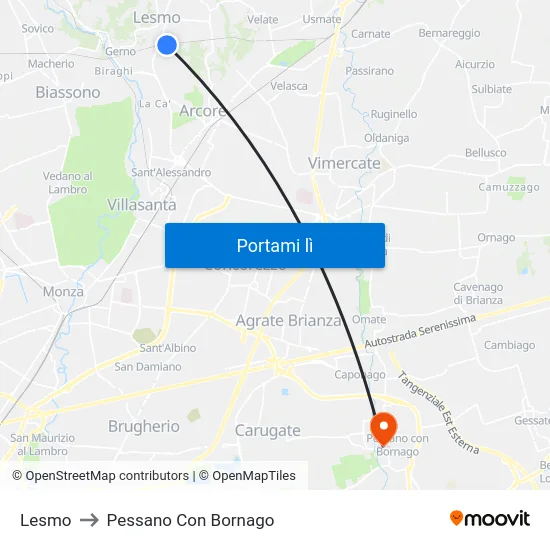 Lesmo to Pessano Con Bornago map