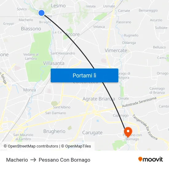 Macherio to Pessano Con Bornago map
