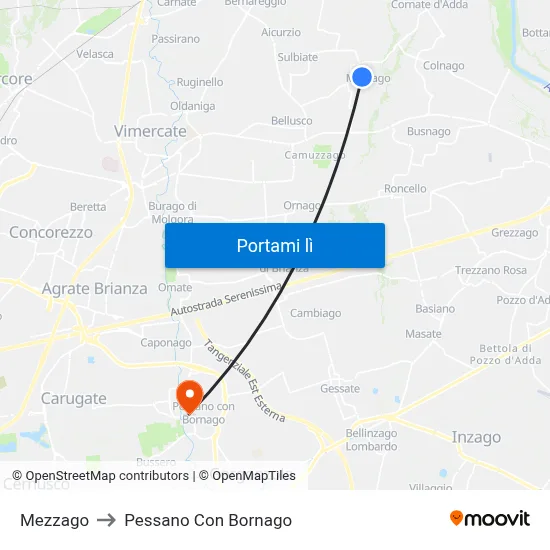 Mezzago to Pessano Con Bornago map