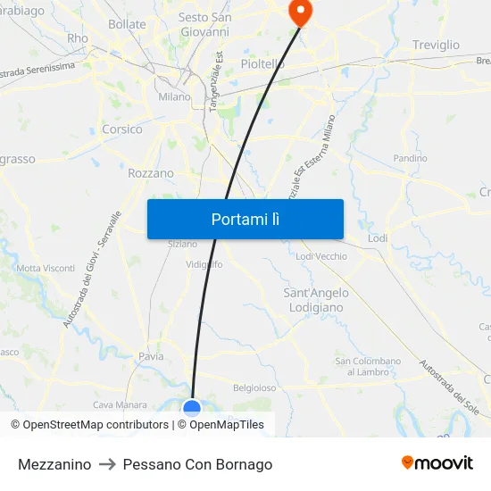 Mezzanino to Pessano Con Bornago map