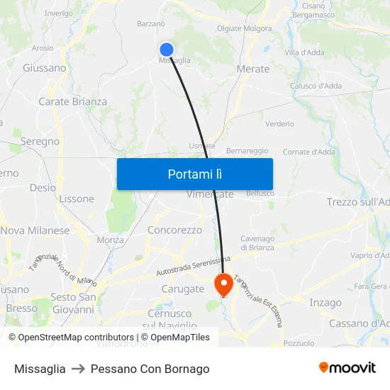 Missaglia to Pessano Con Bornago map