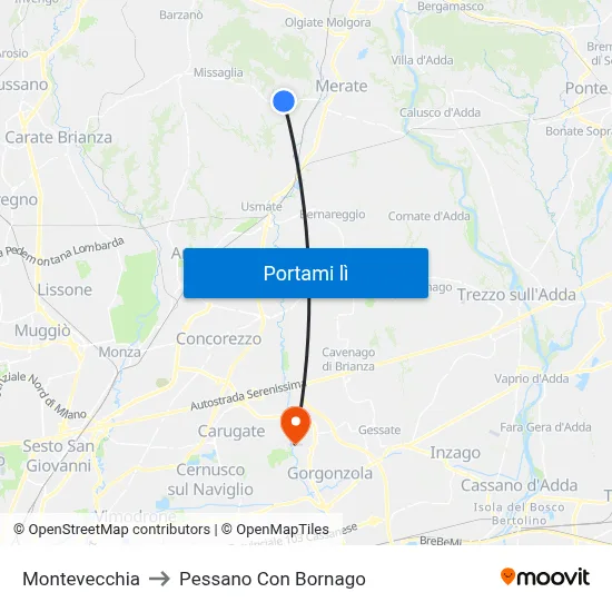 Montevecchia to Pessano Con Bornago map