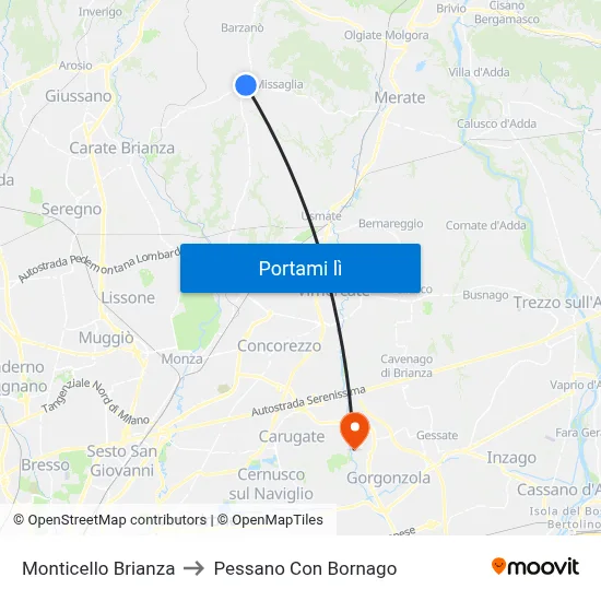 Monticello Brianza to Pessano Con Bornago map