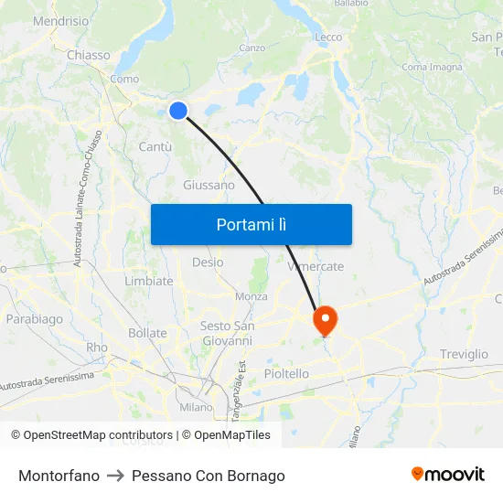 Montorfano to Pessano Con Bornago map