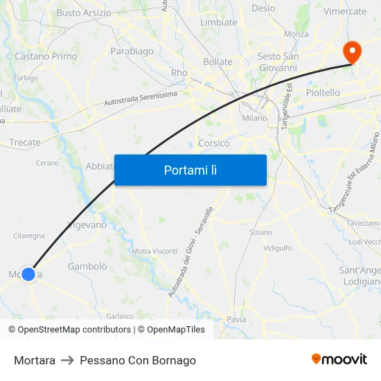 Mortara to Pessano Con Bornago map