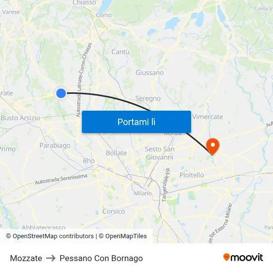 Mozzate to Pessano Con Bornago map