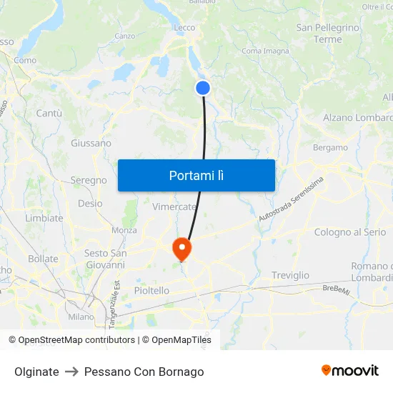 Olginate to Pessano Con Bornago map