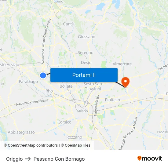 Origgio to Pessano Con Bornago map