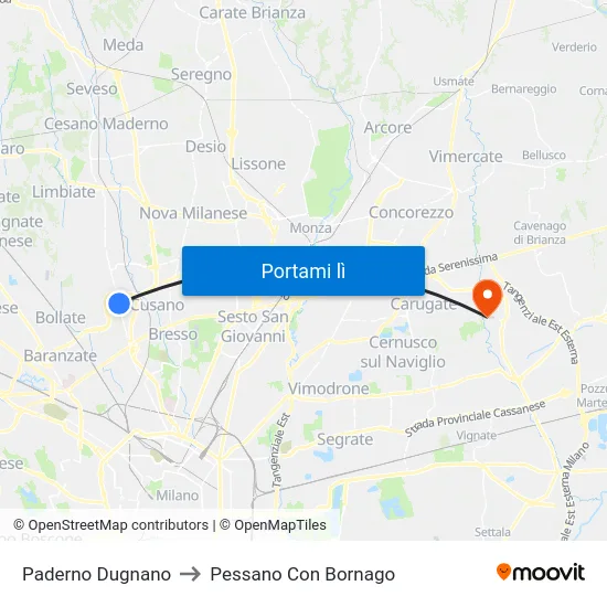 Paderno Dugnano to Pessano Con Bornago map