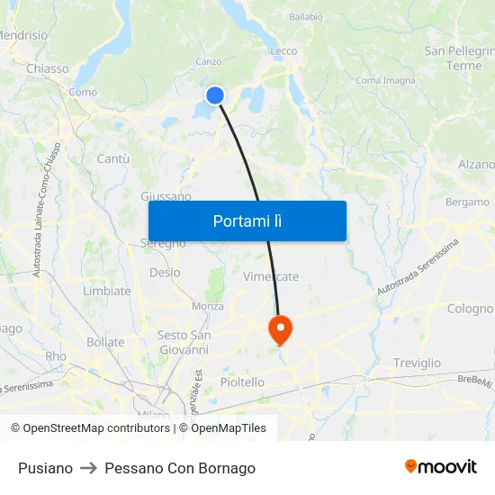 Pusiano to Pessano Con Bornago map