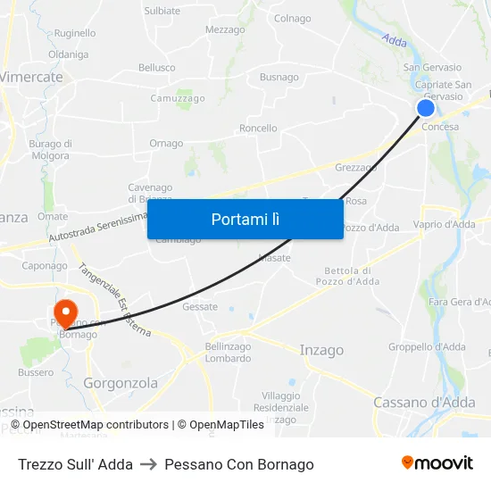 Trezzo Sull' Adda to Pessano Con Bornago map