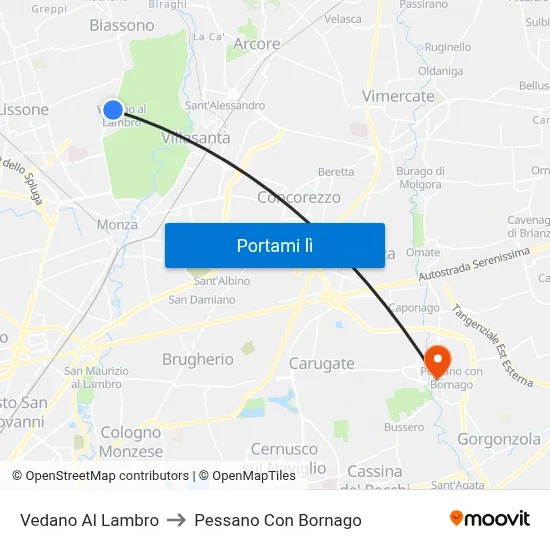 Vedano Al Lambro to Pessano Con Bornago map