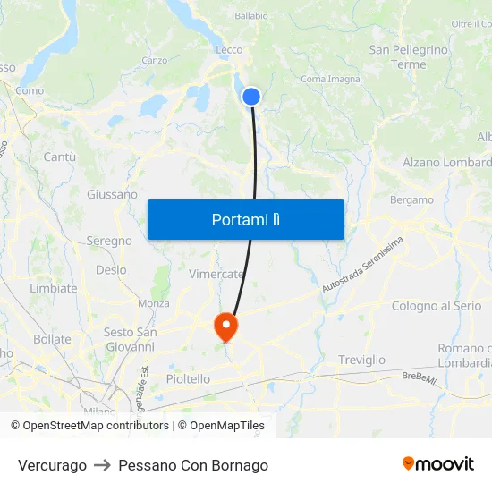 Vercurago to Pessano Con Bornago map