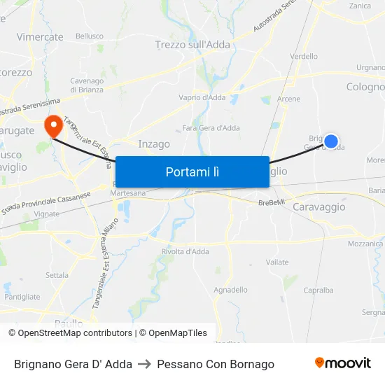 Brignano Gera D' Adda to Pessano Con Bornago map
