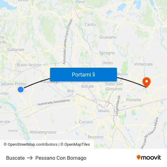Buscate to Pessano Con Bornago map