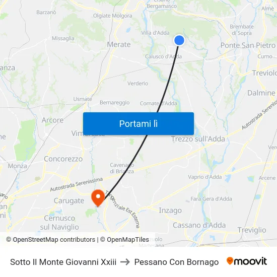 Sotto Il Monte Giovanni Xxiii to Pessano Con Bornago map