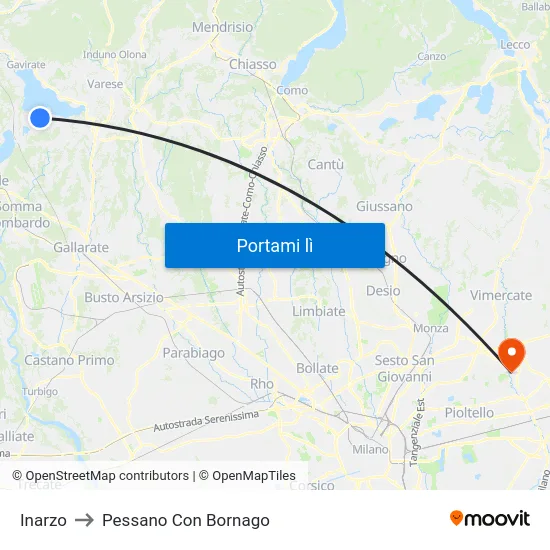 Inarzo to Pessano Con Bornago map