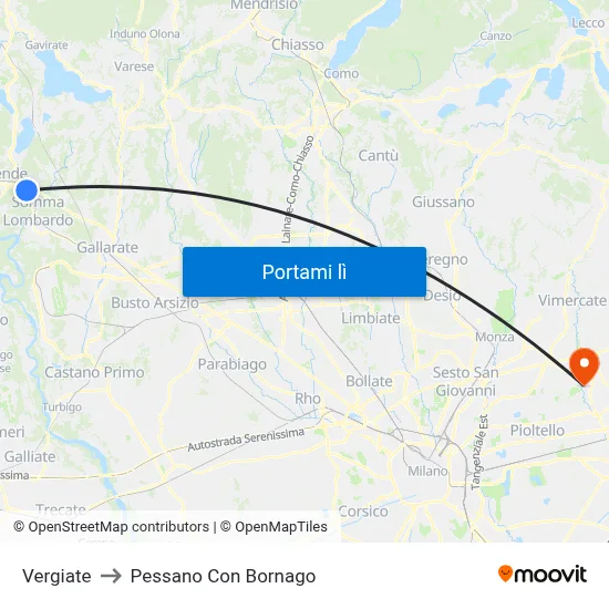 Vergiate to Pessano Con Bornago map