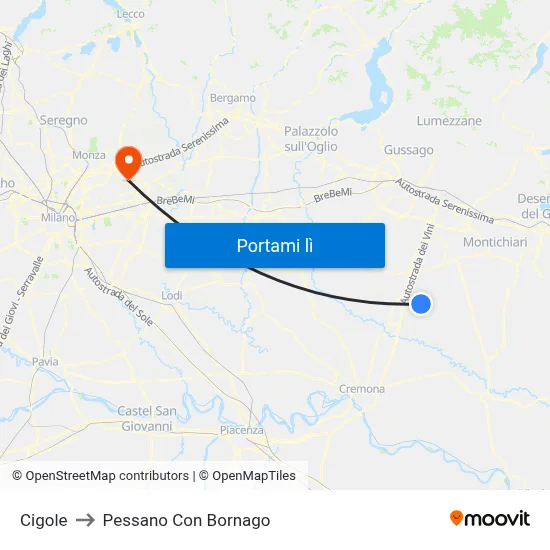 Cigole to Pessano Con Bornago map