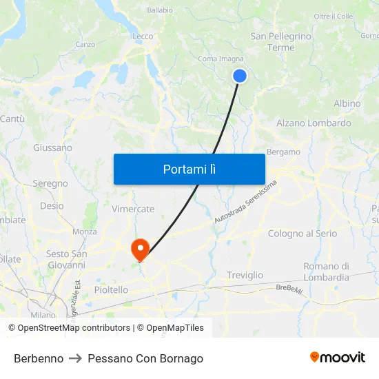 Berbenno to Pessano Con Bornago map