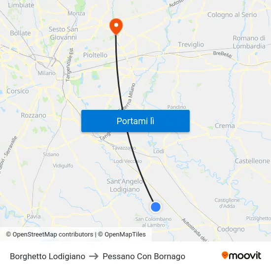 Borghetto Lodigiano to Pessano Con Bornago map
