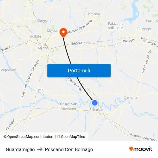 Guardamiglio to Pessano Con Bornago map