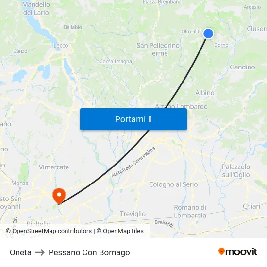 Oneta to Pessano Con Bornago map