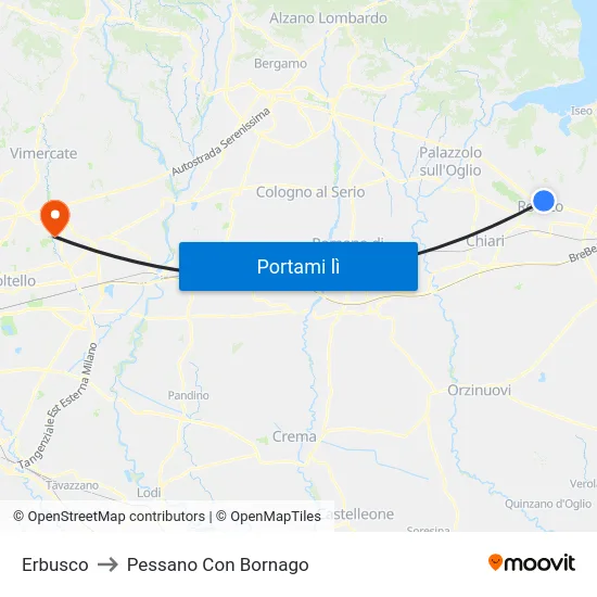Erbusco to Pessano Con Bornago map