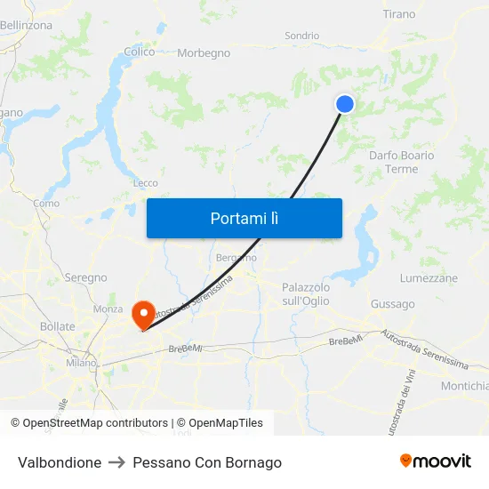 Valbondione to Pessano Con Bornago map