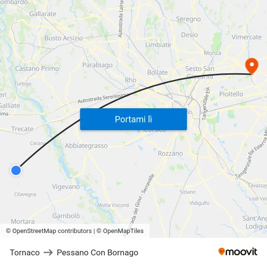 Tornaco to Pessano Con Bornago map