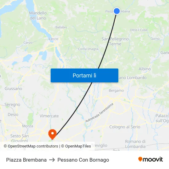 Piazza Brembana to Pessano Con Bornago map