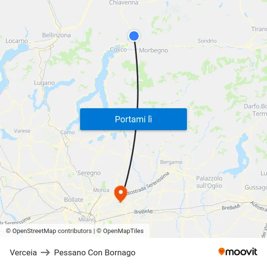 Verceia to Pessano Con Bornago map