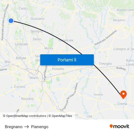 Bregnano to Pianengo map