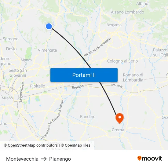 Montevecchia to Pianengo map