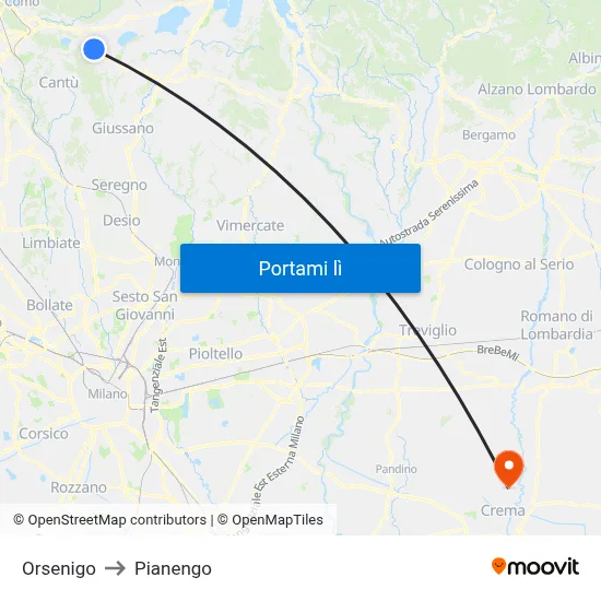 Orsenigo to Pianengo map