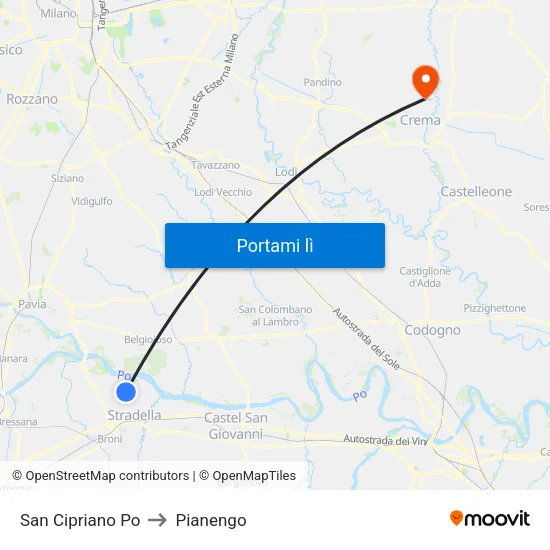 San Cipriano Po to Pianengo map