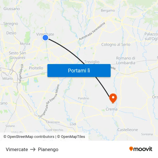Vimercate to Pianengo map