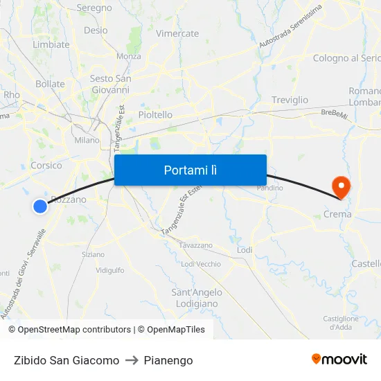 Zibido San Giacomo to Pianengo map