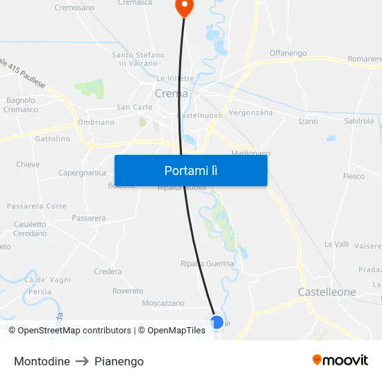 Montodine to Pianengo map