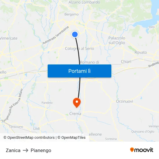 Zanica to Pianengo map