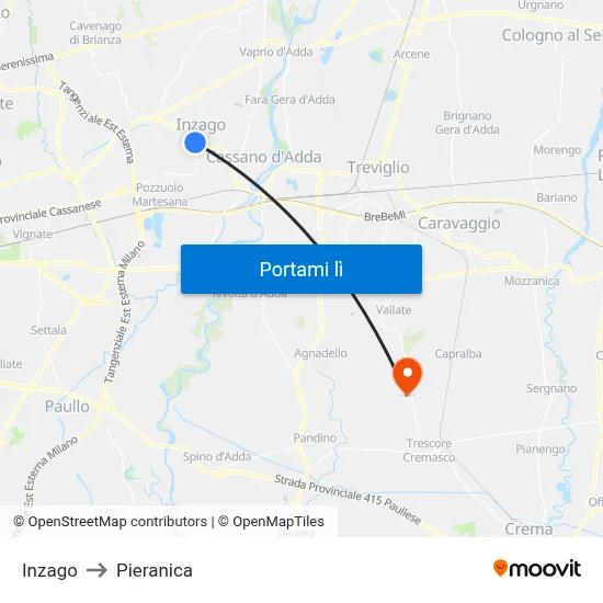 Inzago to Pieranica map