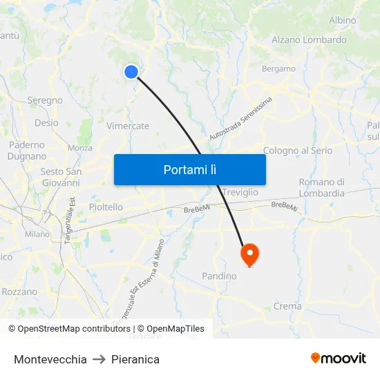 Montevecchia to Pieranica map