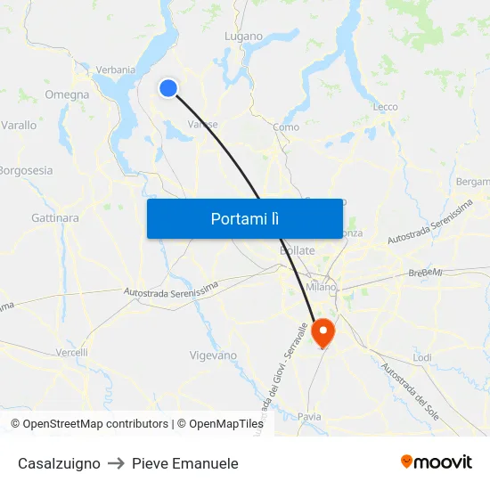 Casalzuigno to Pieve Emanuele map